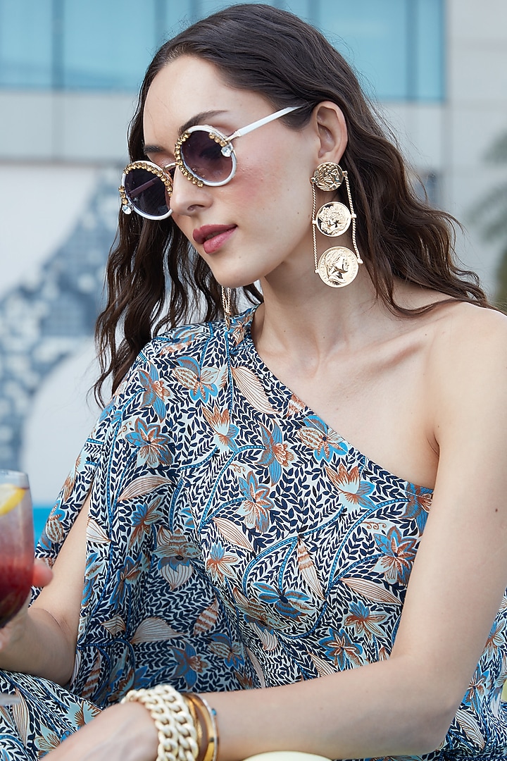 Cobalt Blue Printed One-Shoulder Tunic by Esha L Amin at Pernia's Pop Up Shop