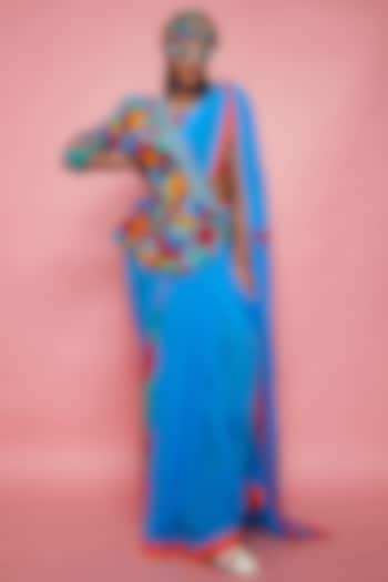 Blue Crepe Saree Set With Jacket by Eshaa Amiin