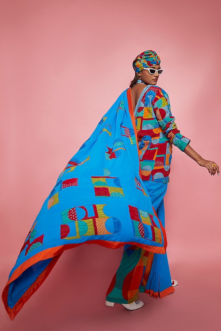 Blue Crepe Jacket Party Wear Saree Set by Esha L Amin at Pernia's Pop Up Shop