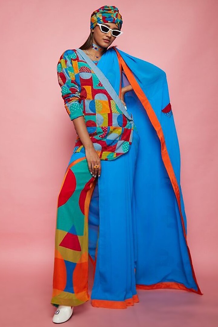 Blue Crepe Jacket Party Wear Saree Set by Esha L Amin at Pernia's Pop Up Shop