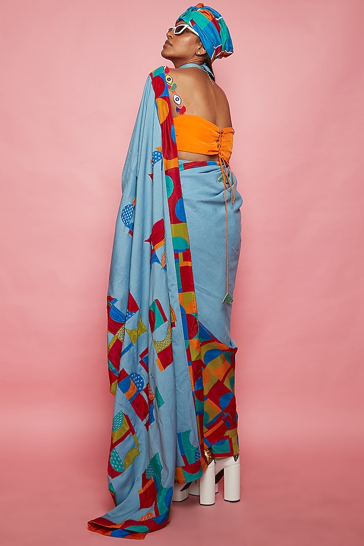Blue Crepe Party Wear Saree Set by Esha L Amin at Pernia's Pop Up Shop