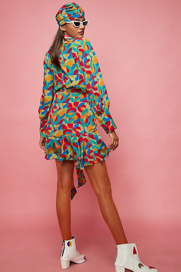 Blue Crepe Mini Wrapped Vacation Dress With Belt by Esha L Amin at Pernia's Pop Up Shop