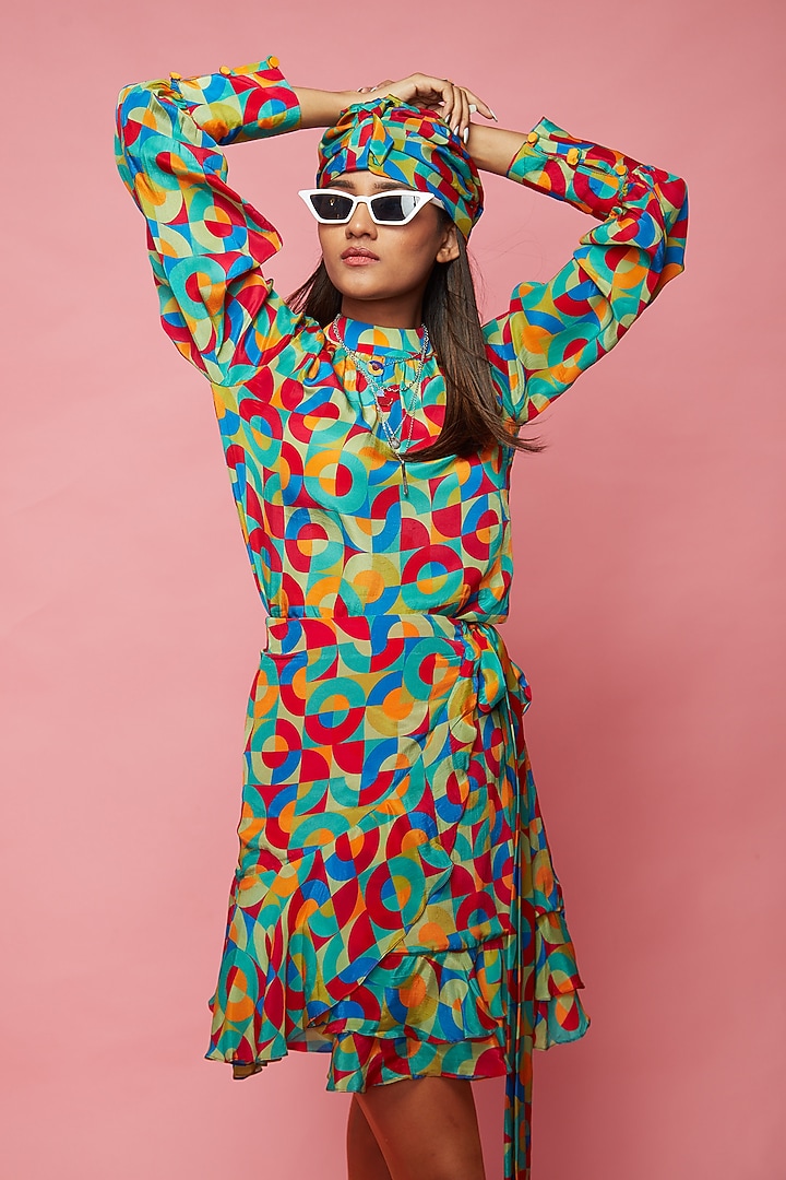 Blue Crepe Mini Wrapped Vacation Dress With Belt by Esha L Amin at Pernia's Pop Up Shop
