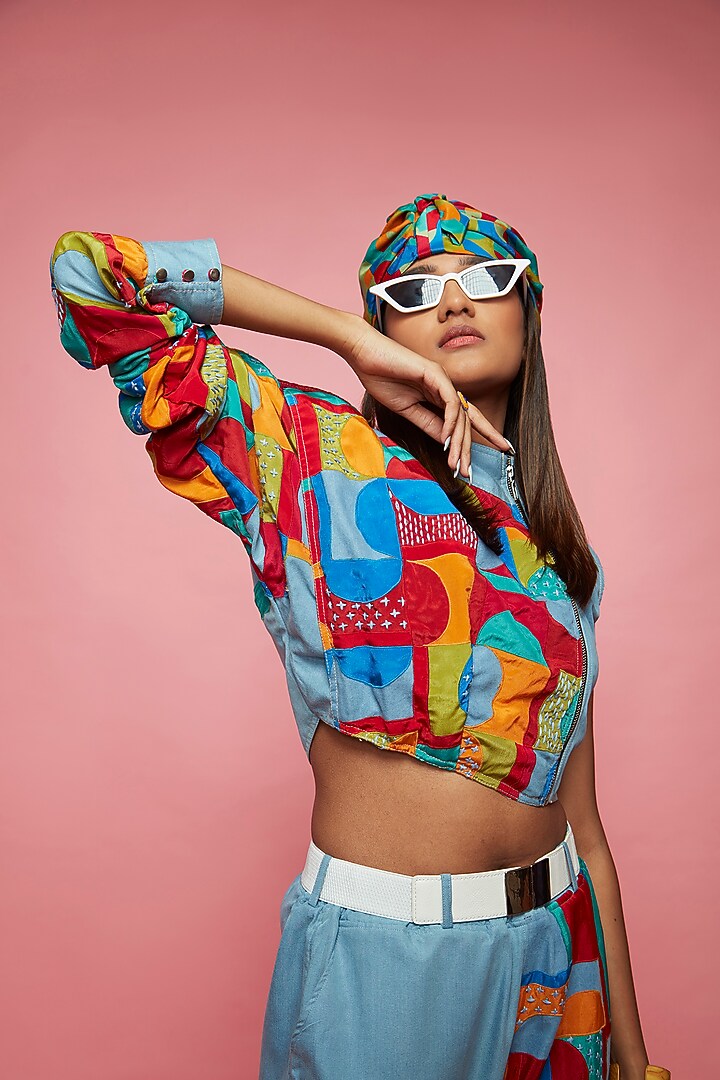 Blue Denim One-Sleeve Crop Top by Esha L Amin at Pernia's Pop Up Shop