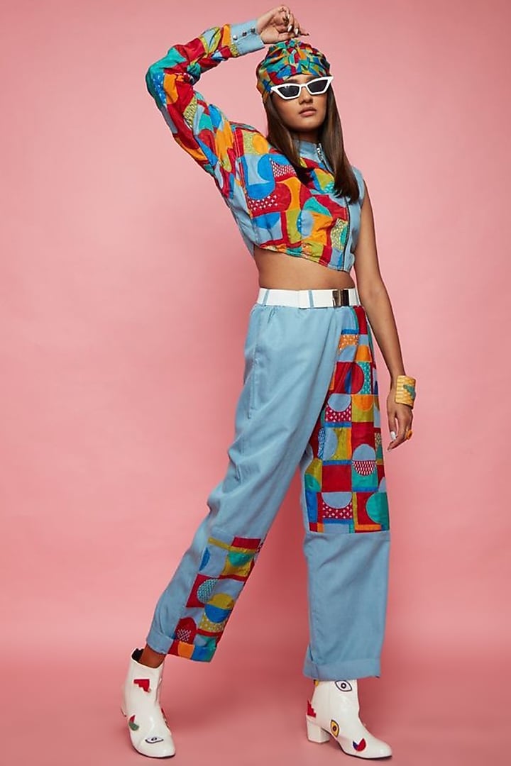 Blue Denim Patched Pants by Esha L Amin at Pernia's Pop Up Shop