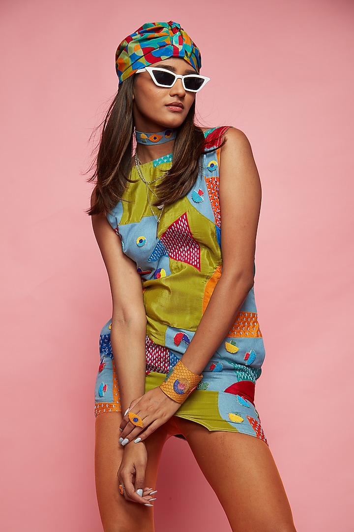 Multi-Colored Crepe Shift Mini Vacation Dress by Esha L Amin at Pernia's Pop Up Shop