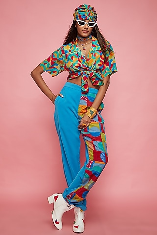Blue Rayon Jogger Pants by Esha L Amin