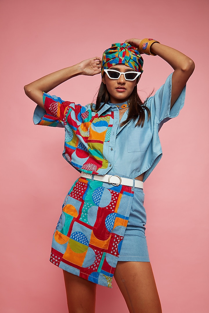 Blue Denim Skirt Set by Esha L Amin at Pernia's Pop Up Shop