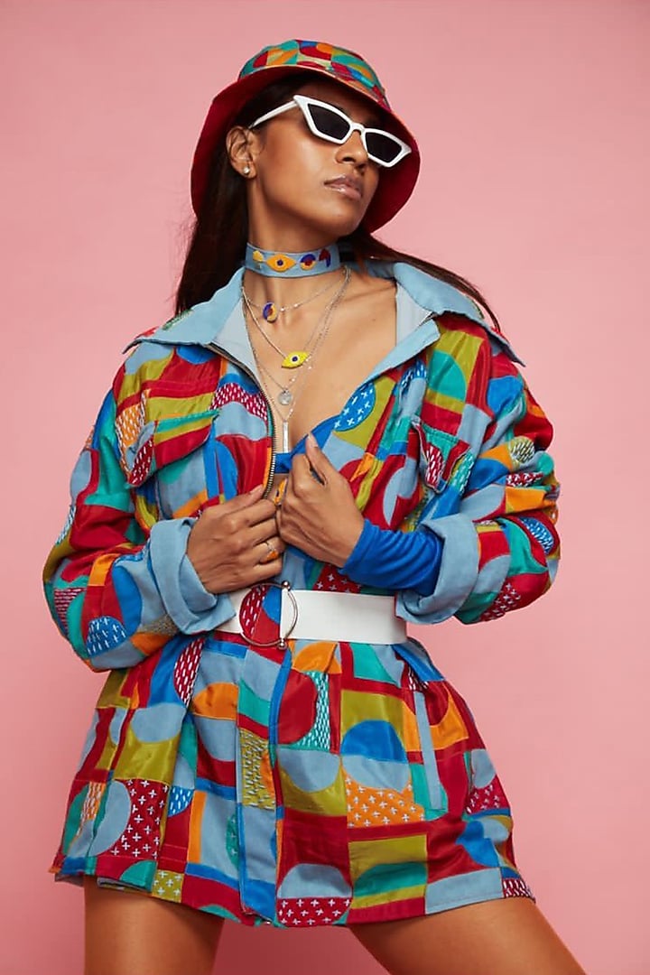 Blue Crepe Printed Shacket by Esha L Amin at Pernia's Pop Up Shop