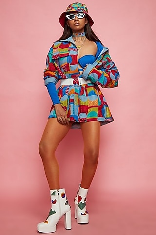 Blue Crepe Printed Shacket With Top by Esha L Amin