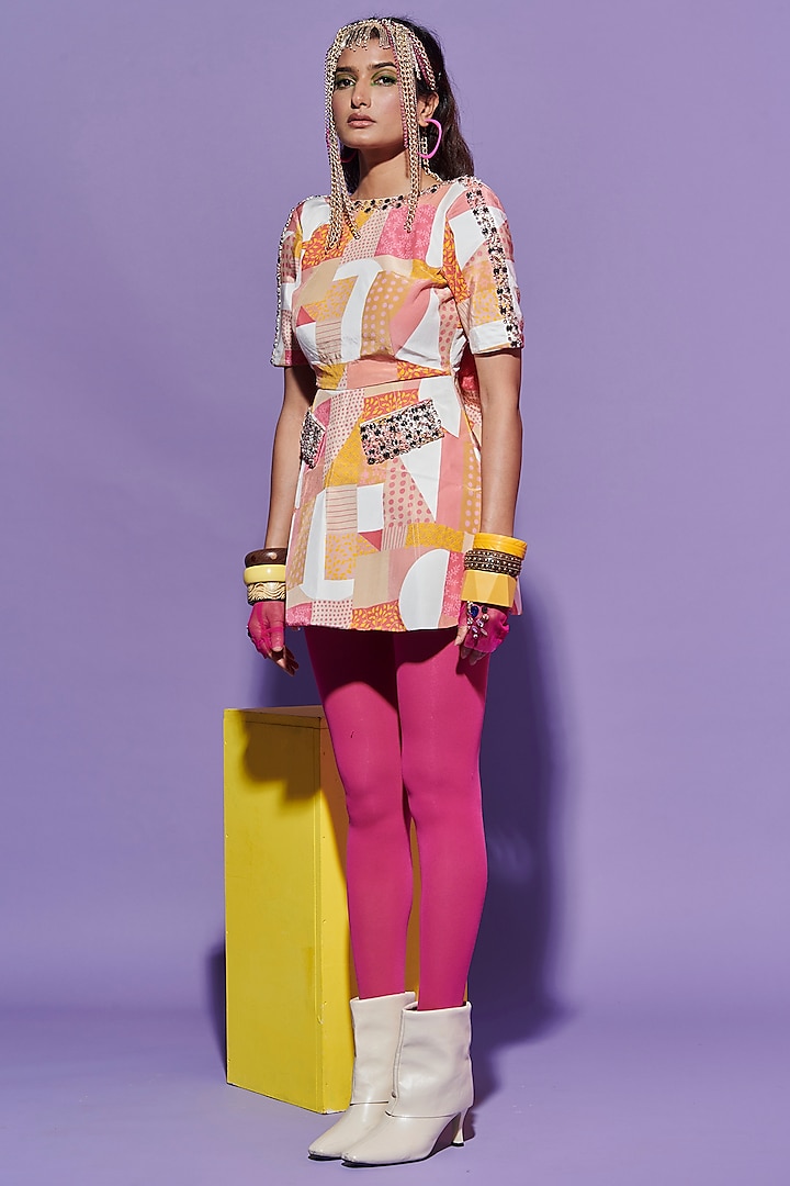 Multi-Colored Linen Satin Geometric Printed & Embroidered Cocktail Dress by Esha L Amin at Pernia's Pop Up Shop