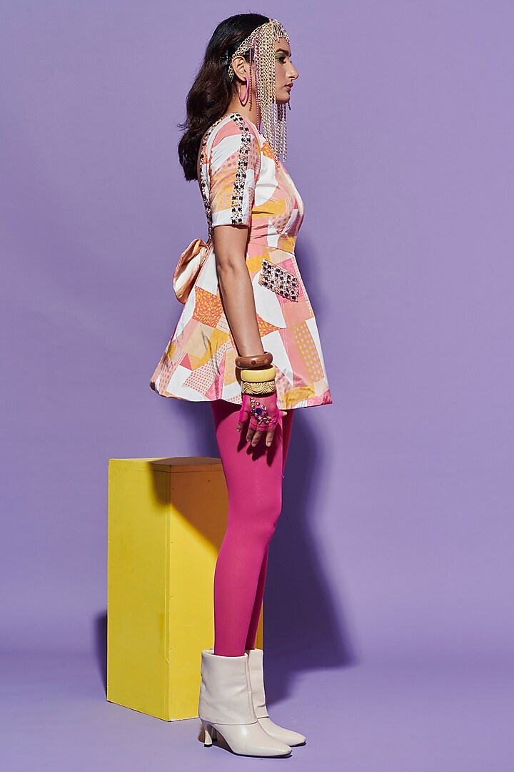 Multi-Colored Linen Satin Geometric Printed & Embroidered Cocktail Dress by Esha L Amin at Pernia's Pop Up Shop