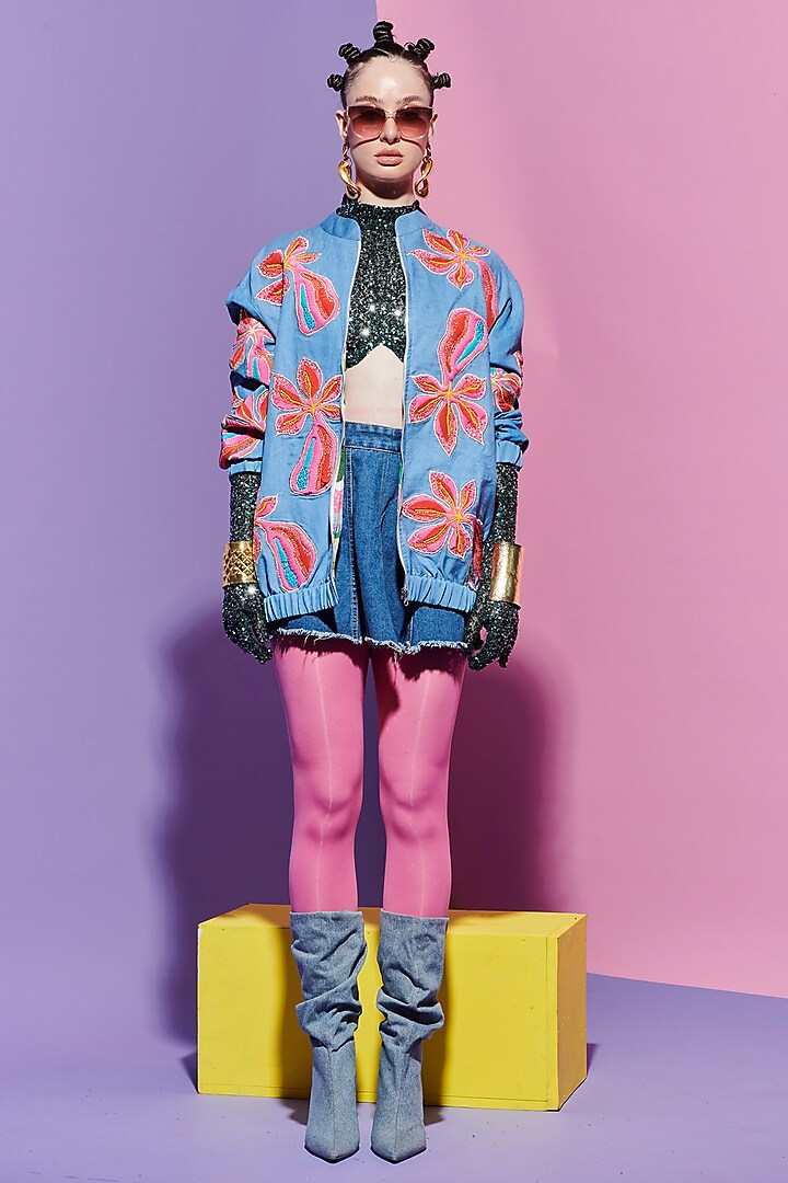 Multi-Colored Georgette Printed Reversible Bomber Jacket by Esha L Amin at Pernia's Pop Up Shop