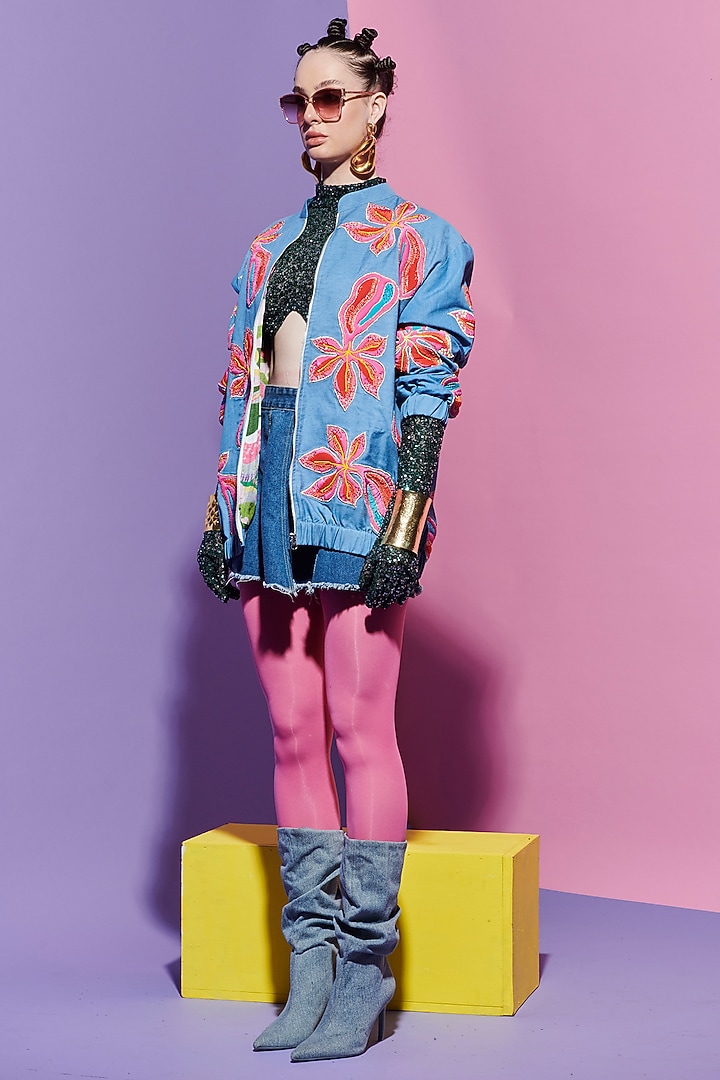Multi-Colored Georgette Printed Reversible Bomber Jacket by Esha L Amin at Pernia's Pop Up Shop