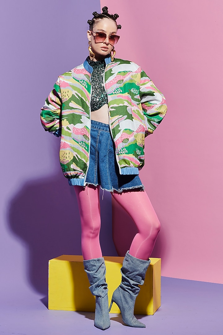 Multi-Colored Georgette Printed Reversible Bomber Jacket by Esha L Amin at Pernia's Pop Up Shop