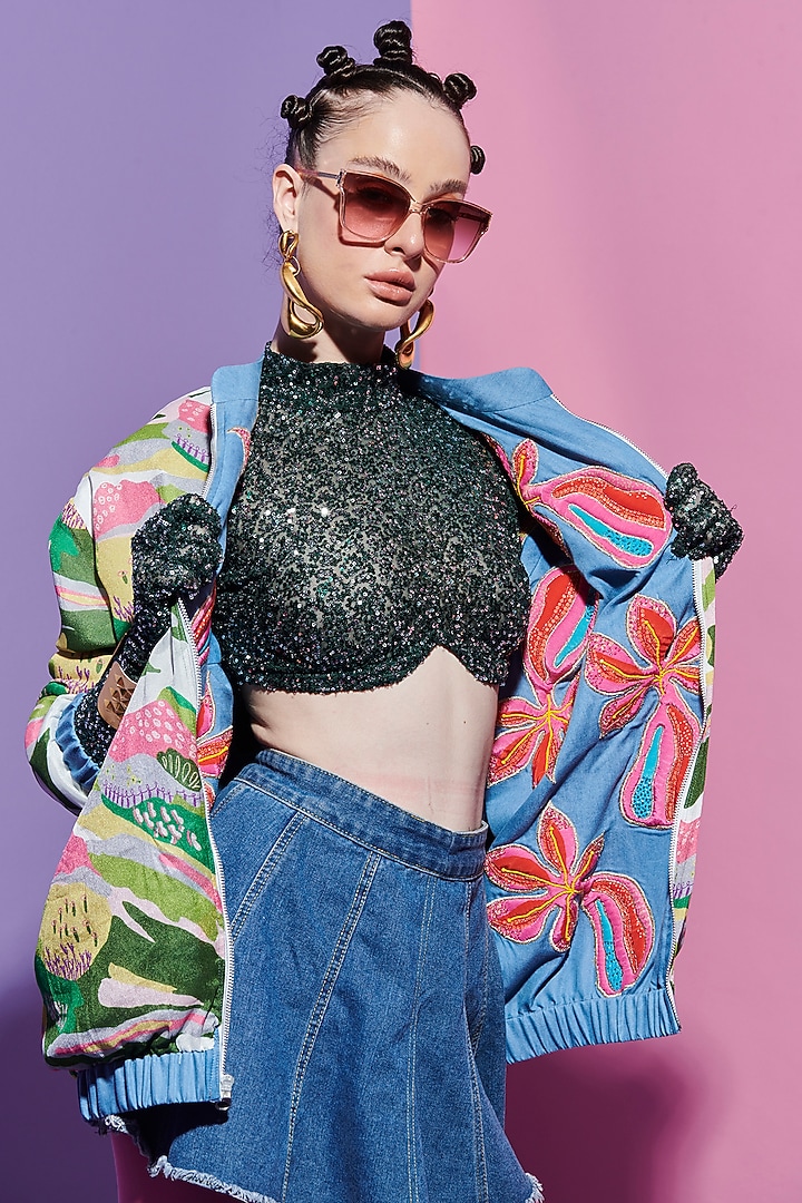 Multi-Colored Georgette Printed Reversible Bomber Jacket by Esha L Amin at Pernia's Pop Up Shop