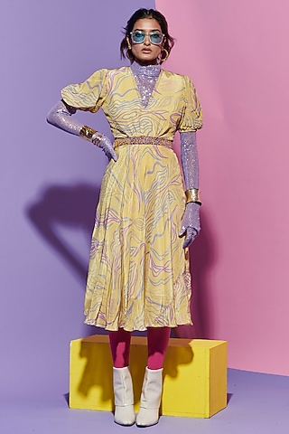 Lime Crepe Printed & Cutwork Dress by Esha L Amin
