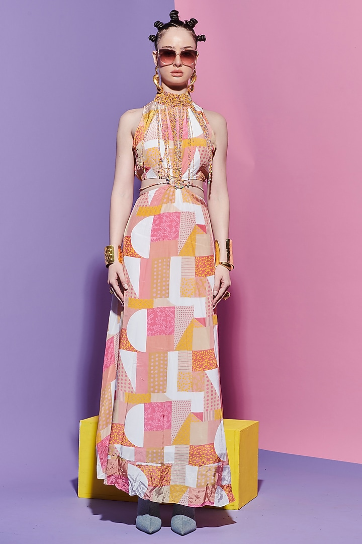 Multi-Colored Viscose Crepe Beadwork & Geometric Printed Cocktail Dress by Esha L Amin at Pernia's Pop Up Shop