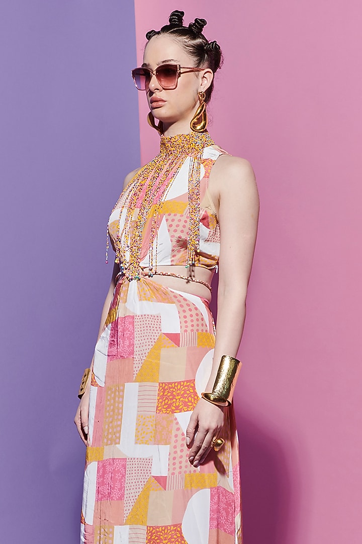 Multi-Colored Viscose Crepe Beadwork & Geometric Printed Cocktail Dress by Esha L Amin at Pernia's Pop Up Shop