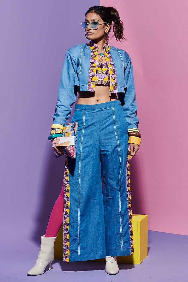 Blue Denim Embroidered Jacket by Esha L Amin at Pernia's Pop Up Shop