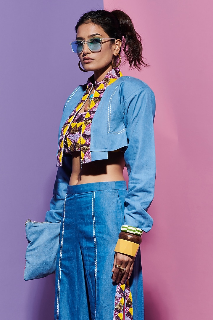 Blue Denim Embroidered Jacket by Esha L Amin at Pernia's Pop Up Shop