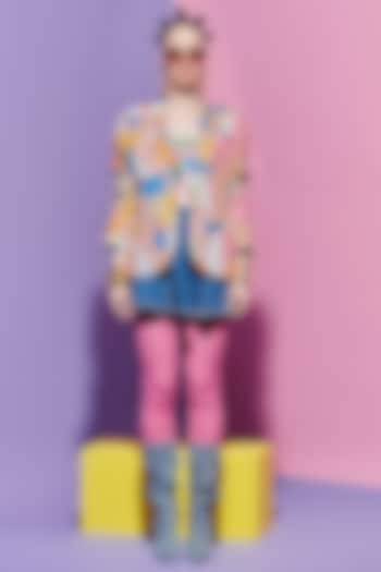 Multi-Colored Denim Geometric Printed & Embroidered Blazer by Esha L Amin at Pernia's Pop Up Shop