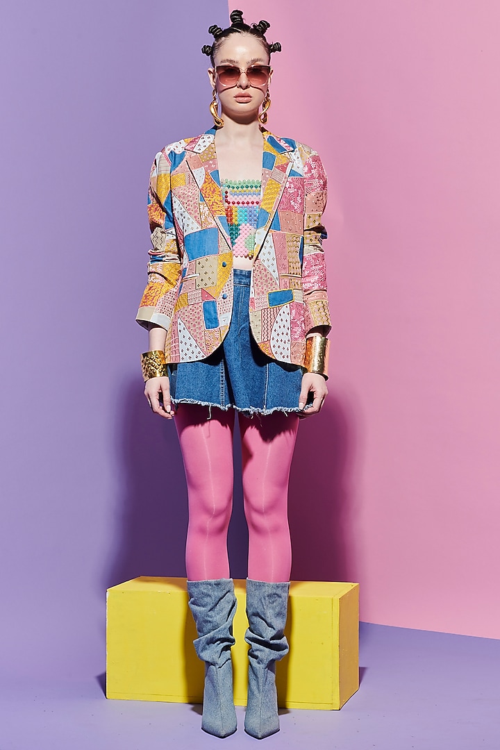 Multi-Colored Denim Geometric Printed & Embroidered Blazer by Esha L Amin at Pernia's Pop Up Shop