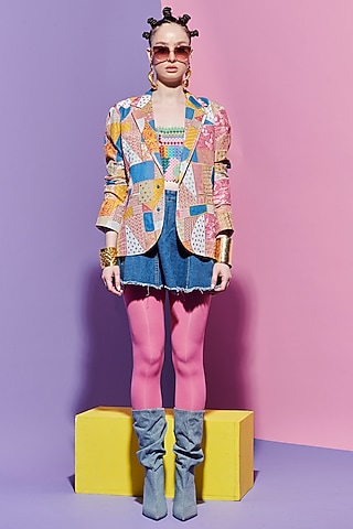 Multi-Colored Denim Geometric Printed & Embroidered Blazer by Esha L Amin