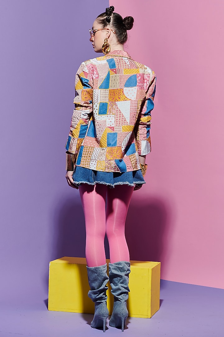 Multi-Colored Denim Geometric Printed & Embroidered Blazer by Esha L Amin at Pernia's Pop Up Shop
