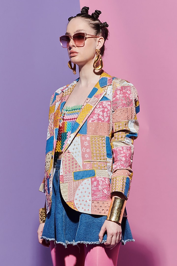 Multi-Colored Denim Geometric Printed & Embroidered Blazer by Esha L Amin at Pernia's Pop Up Shop