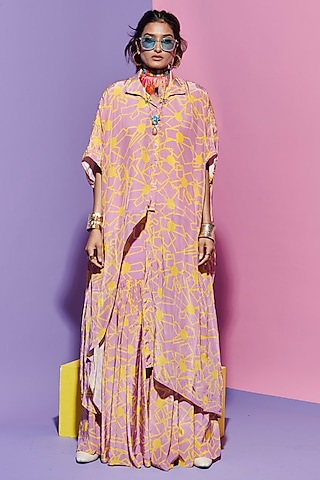 Pink Crepe Printed Asymmetric Shirt by Esha L Amin