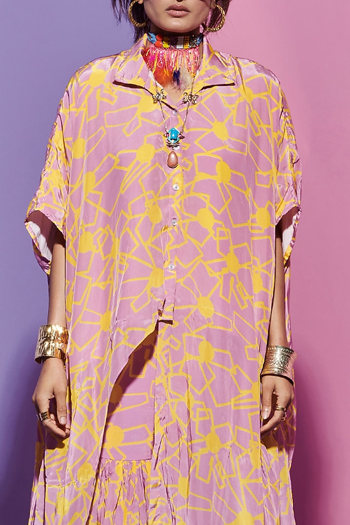 Pink Crepe Printed Asymmetric Shirt by Esha L Amin at Pernia's Pop Up Shop