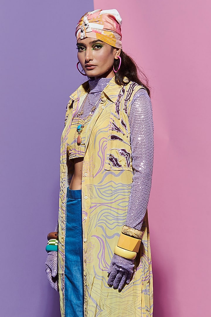 Lime Viscose Crepe Printed & Embroidered Shirt by Esha L Amin at Pernia's Pop Up Shop
