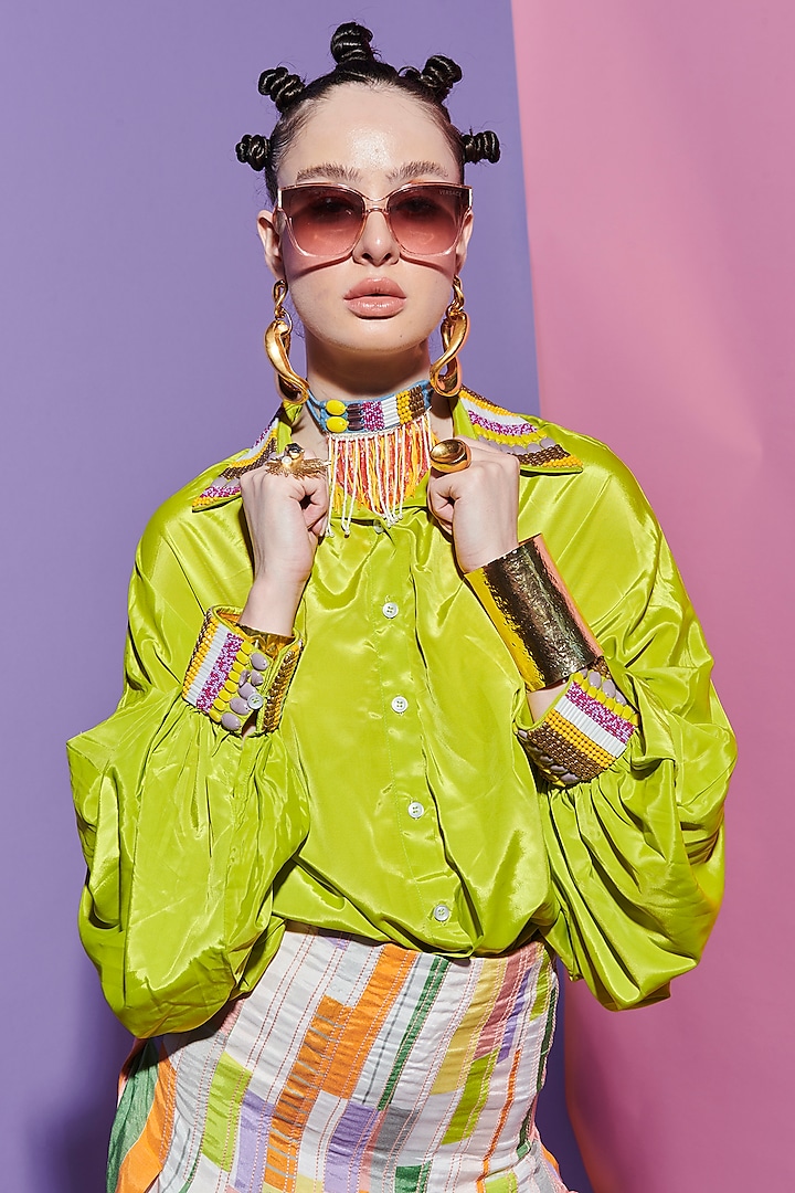 Neon Green Crepe Embroidered Shirt by Esha L Amin at Pernia's Pop Up Shop