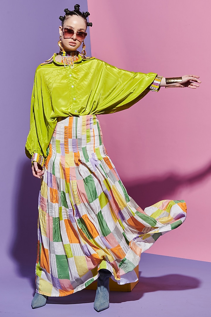 Neon Green Crepe Embroidered Shirt by Esha L Amin at Pernia's Pop Up Shop