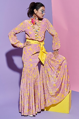 Pink Viscose Crepe Printed & Embroidered Shirt by Esha L Amin