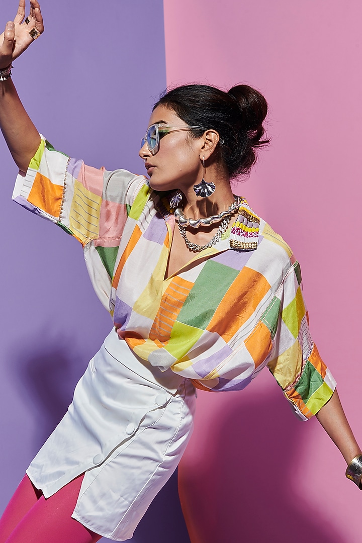 Multi-Colored Muslin Printed & Embroidered Top by Esha L Amin at Pernia's Pop Up Shop