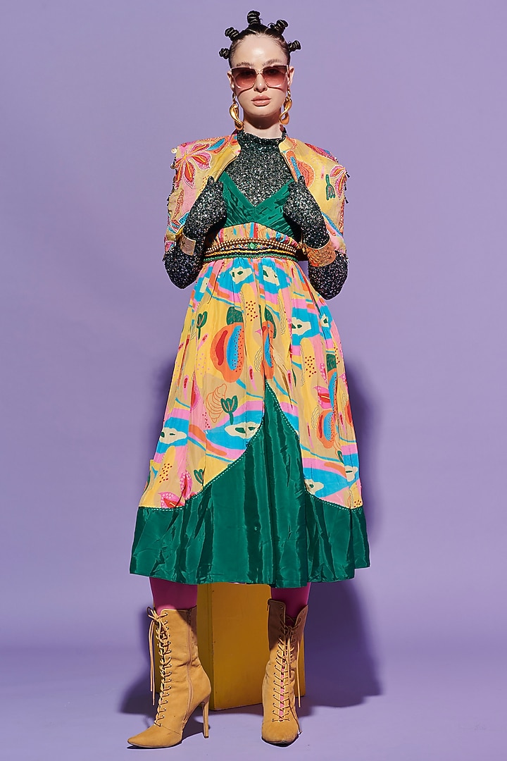 Dark Green Crepe Printed Vacation Dress by Esha L Amin at Pernia's Pop Up Shop