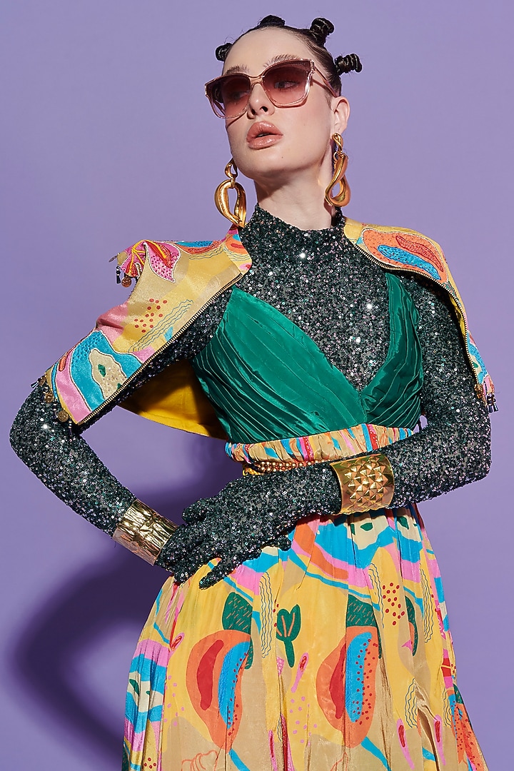 Dark Green Crepe Printed Vacation Dress by Esha L Amin at Pernia's Pop Up Shop