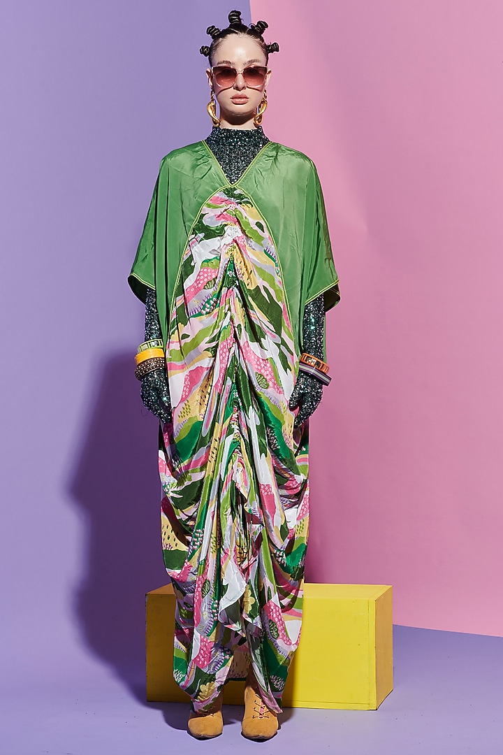 Dark Green French Crepe & Viscose Crepe Vacation Dress by Esha L Amin at Pernia's Pop Up Shop