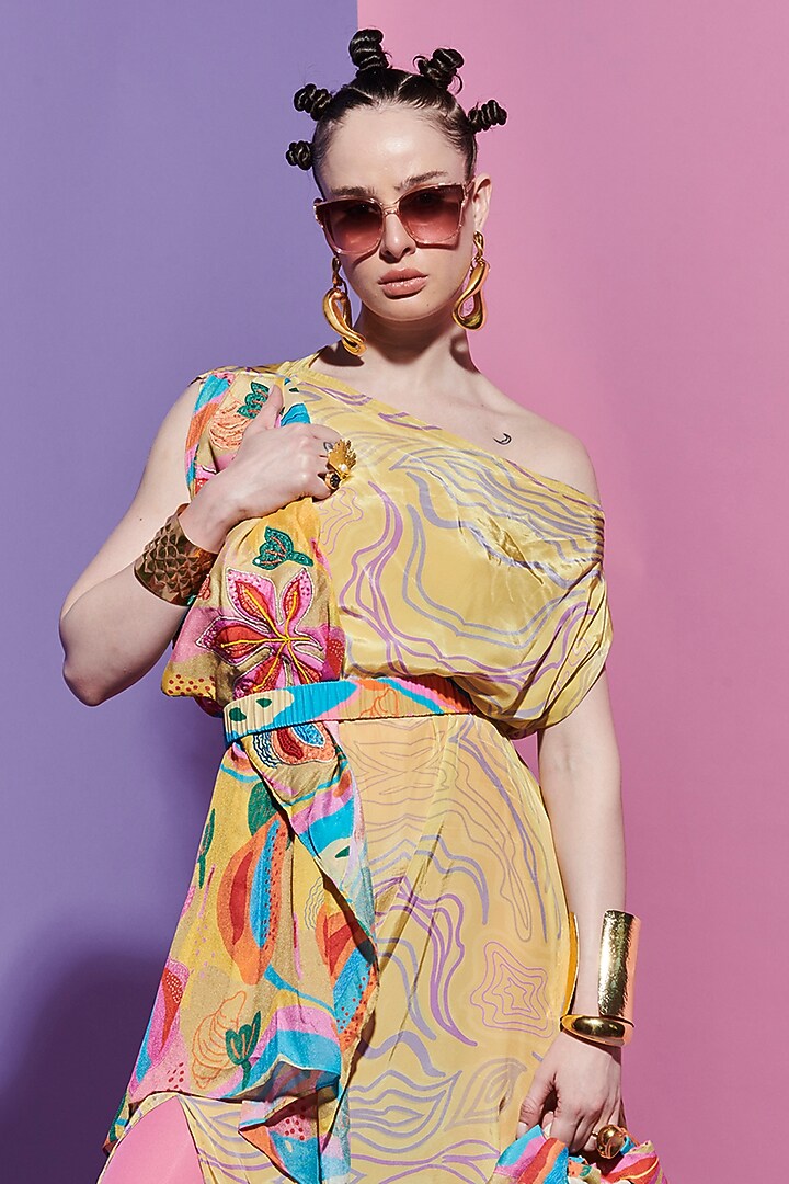 Multi-Colored Viscose Crepe Embroidered & Printed Scarf Vacation Dress by Esha L Amin at Pernia's Pop Up Shop