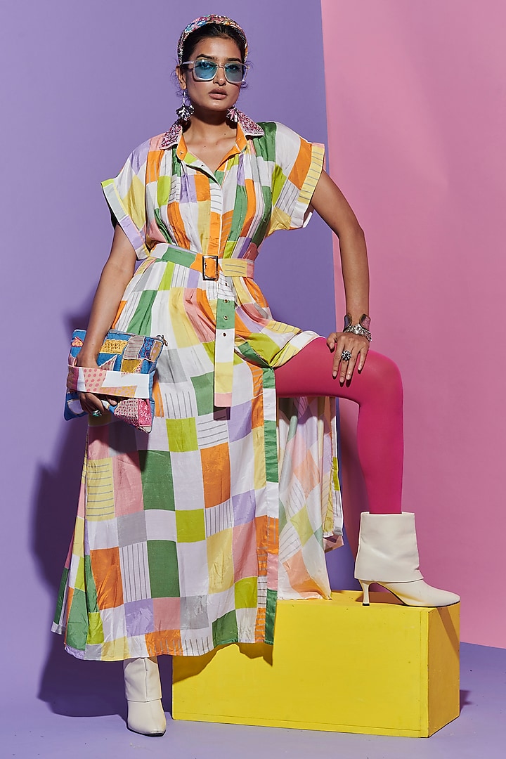 Multi-Colored Dupion Silk Embroidered & Printed Vacation Dress by Esha L Amin at Pernia's Pop Up Shop