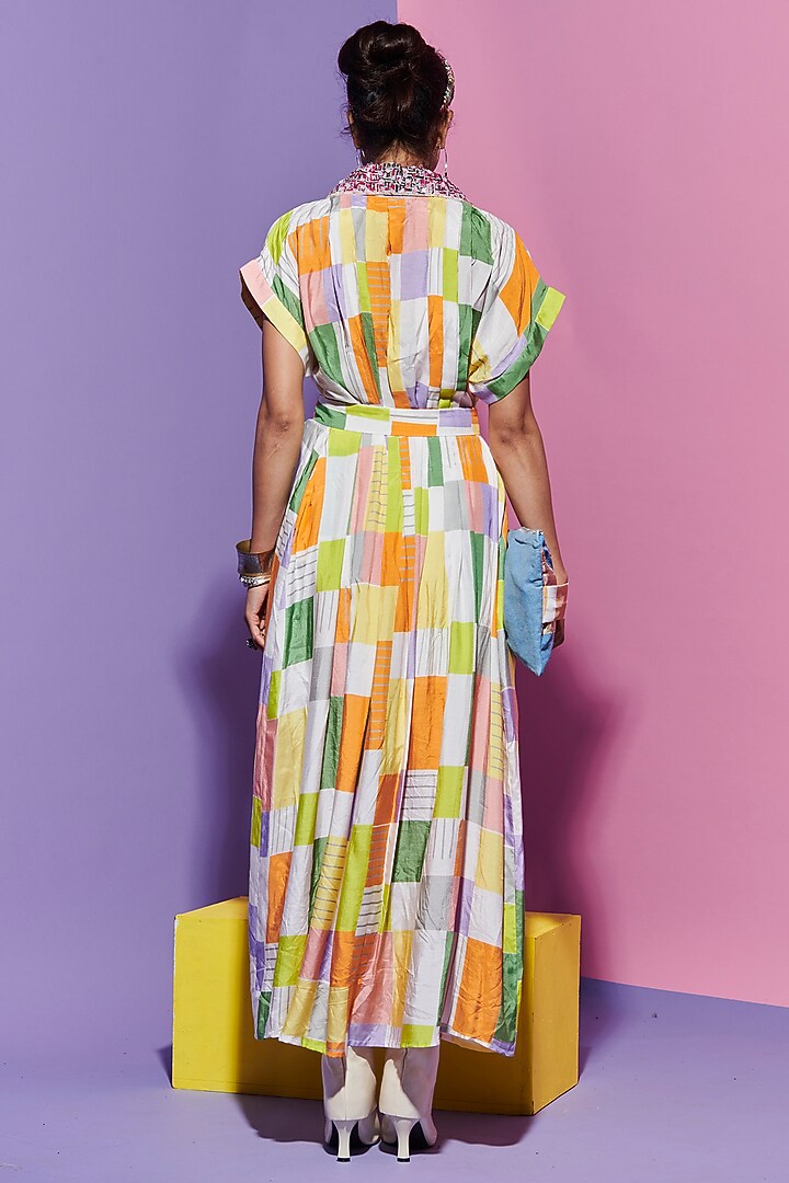 Multi-Colored Dupion Silk Embroidered & Printed Vacation Dress by Esha L Amin at Pernia's Pop Up Shop