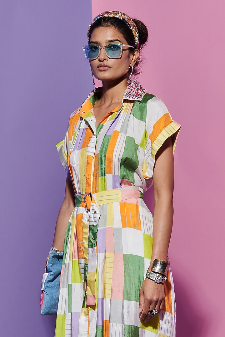 Multi-Colored Dupion Silk Embroidered & Printed Vacation Dress by Esha L Amin at Pernia's Pop Up Shop