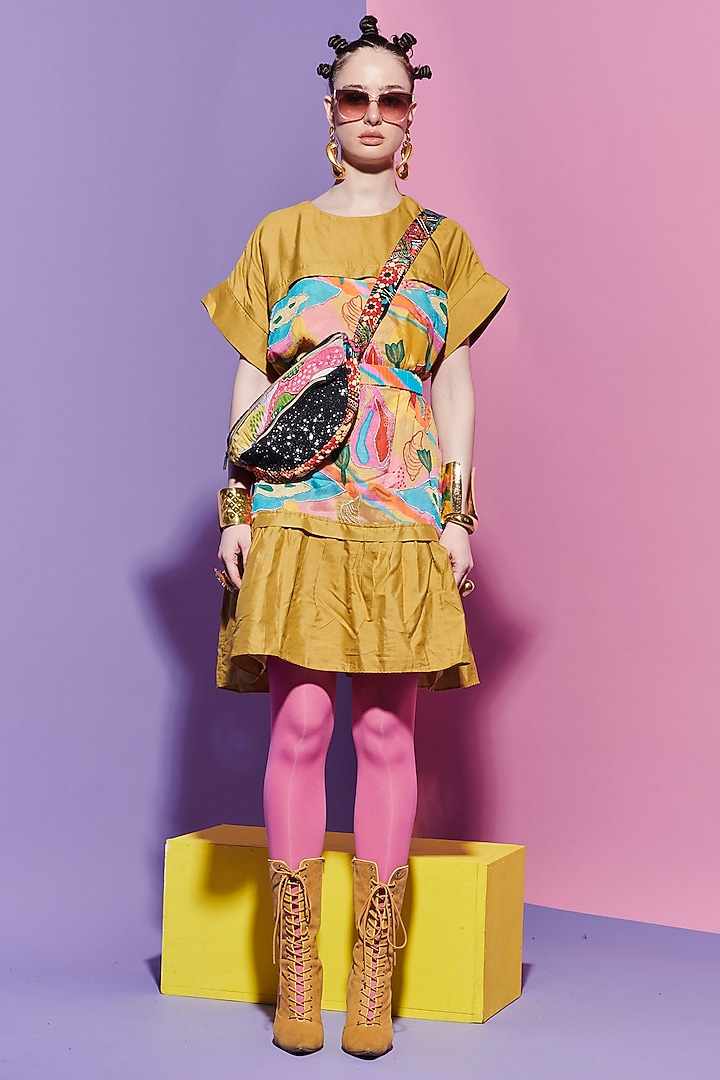 Mustard Viscose Organza Corset Vacation Dress by Esha L Amin at Pernia's Pop Up Shop
