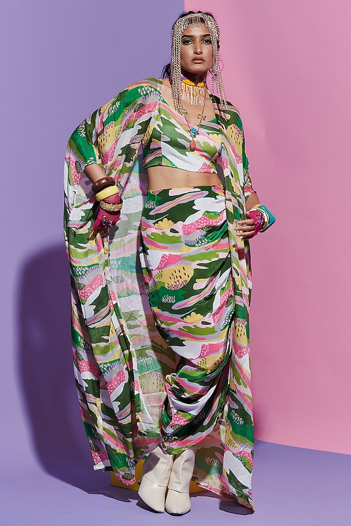 Multi-Colored Crepe Printed Cape by Esha L Amin at Pernia's Pop Up Shop