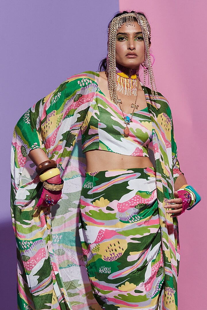 Multi-Colored Crepe Printed Cape by Esha L Amin at Pernia's Pop Up Shop