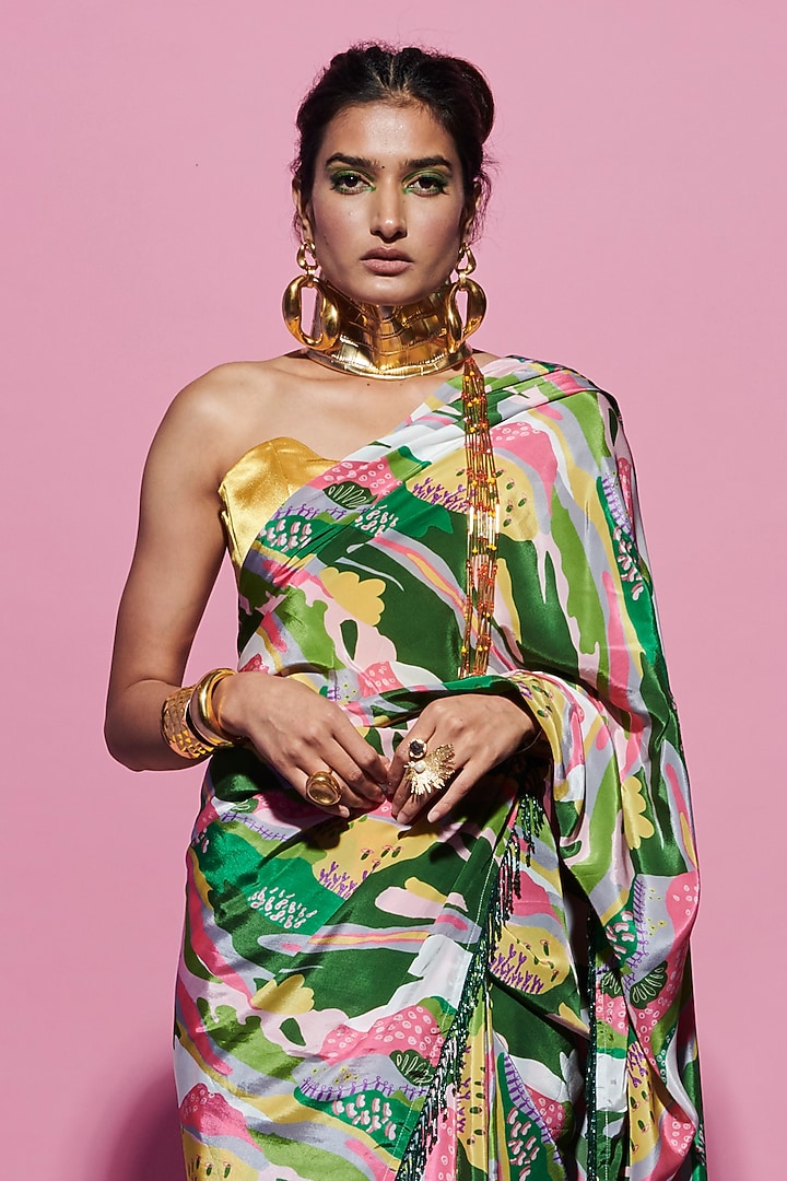 Multi-Colored Crepe Printed Party Wear Saree by Esha L Amin at Pernia's Pop Up Shop