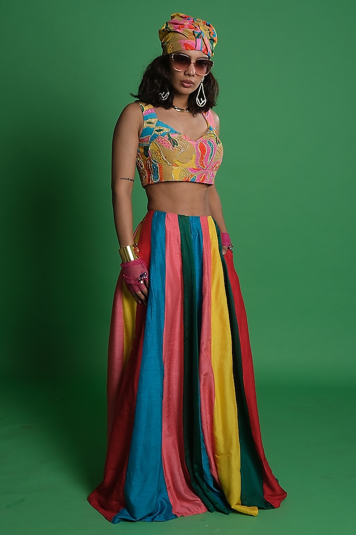 Multi-Colored Dupion Silk Lehenga by Esha L Amin at Pernia's Pop Up Shop