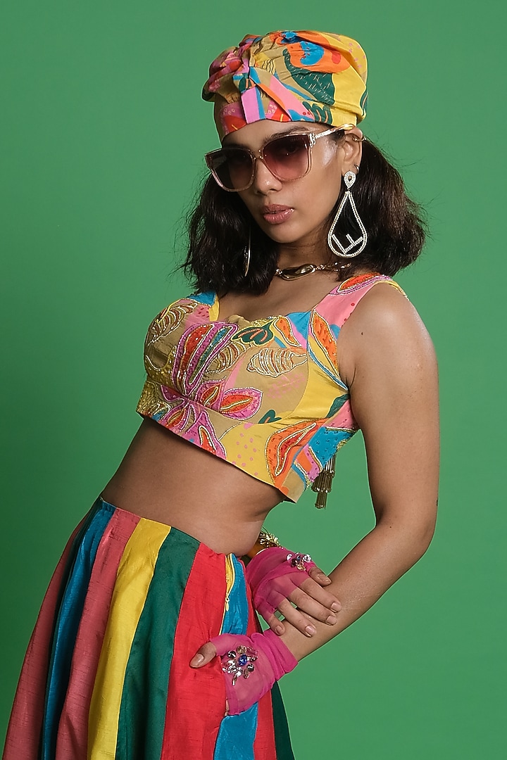 Multi-Colored Dupion Silk Lehenga by Esha L Amin at Pernia's Pop Up Shop